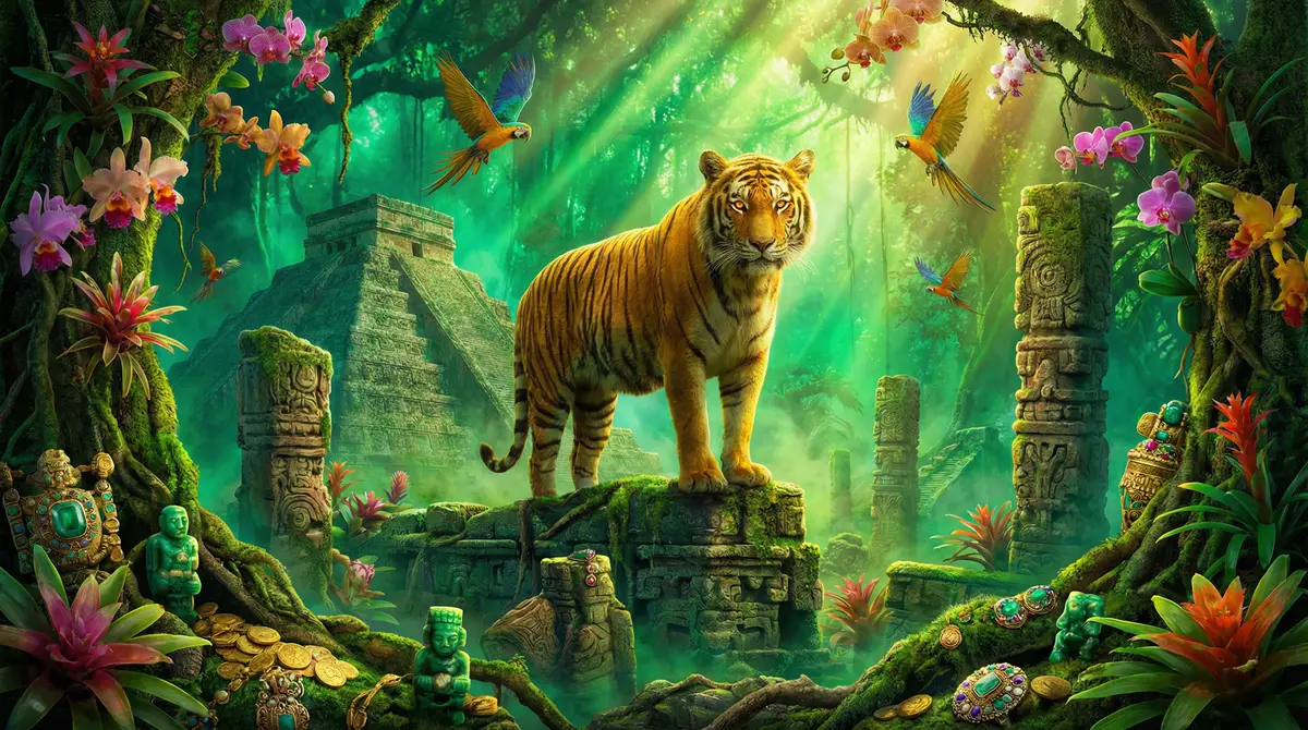 Tigre dorado majestuoso en templo maya con tesoros y monedas