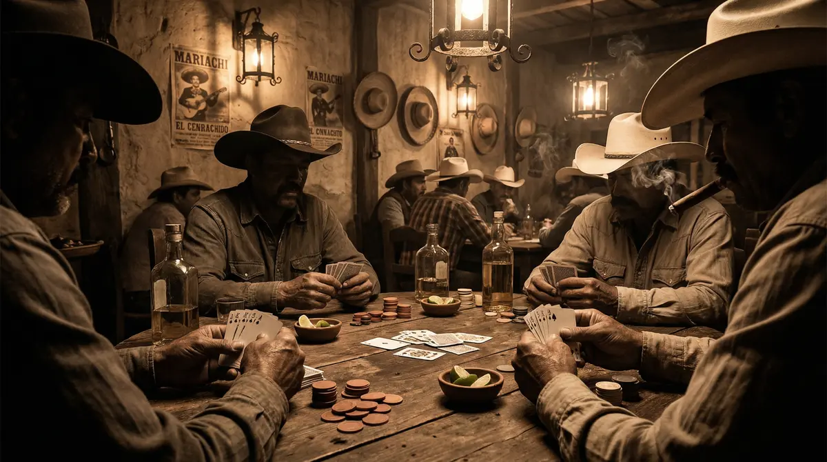 Mesa de póker profesional con fichas y cartas en casino mexicano
