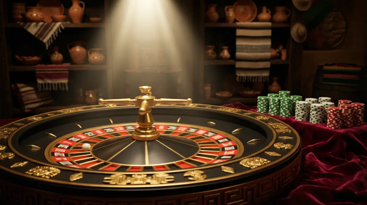 Ruleta dorada de casino con fichas y decoración elegante